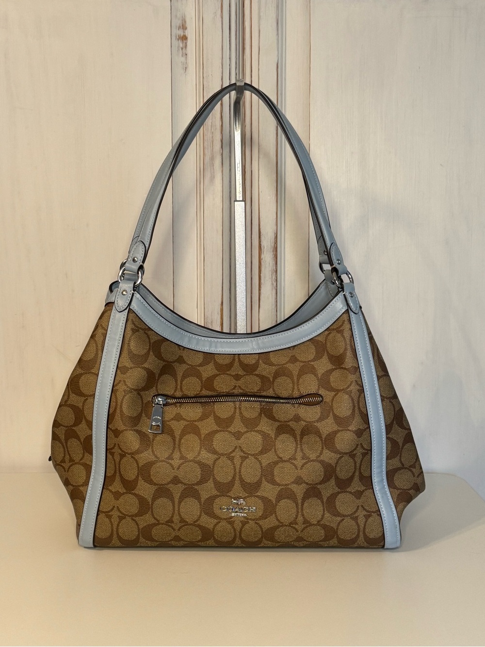 Coach Kristy Khaki Signature Canvas Powder Blue Leather Shoulder Tote Hobo C6232